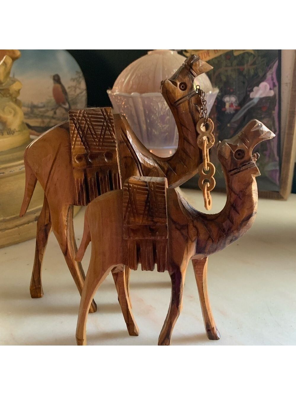 Set of 2 Wooden Handcarved Camels